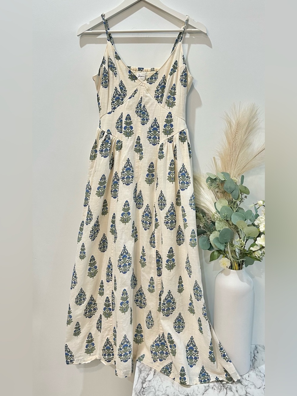 Cream Floral-Print Spaghetti-Strap Sundress with Blue & Green Motif